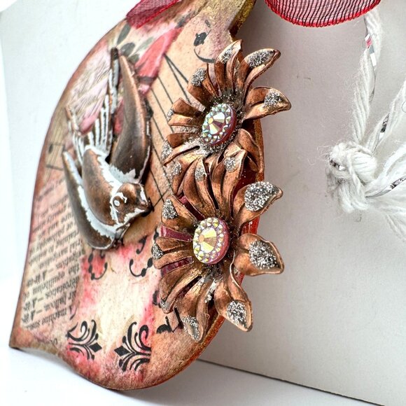 Handcrafted OOAK Vintage-Inspired Collage Ornament Bronze Tone Bird Pink Flower - Picture 4 of 8